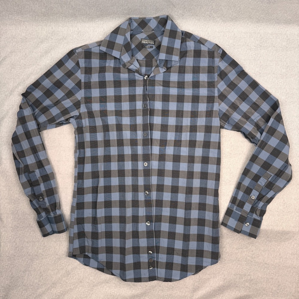 Kenneth Cole Reaction Slim Fit Men's Button Down Shirt Blue Gray Plaid Medium